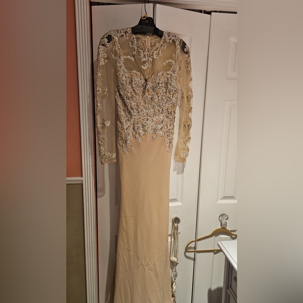 Terani Couture Cream Embellished Long Sleeve Gown